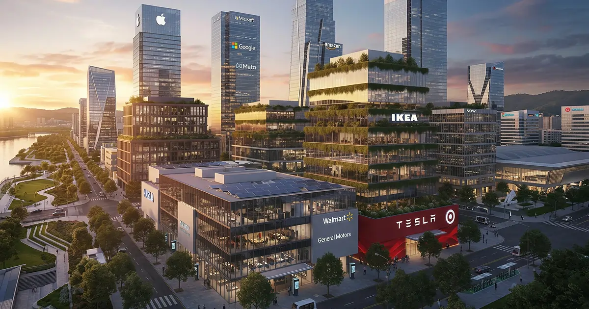 Illustration of a modern sustainable city at sunset: glass towers with corporate logos, rooftop solar panels, greenery on building facades, and a river and park in the foreground