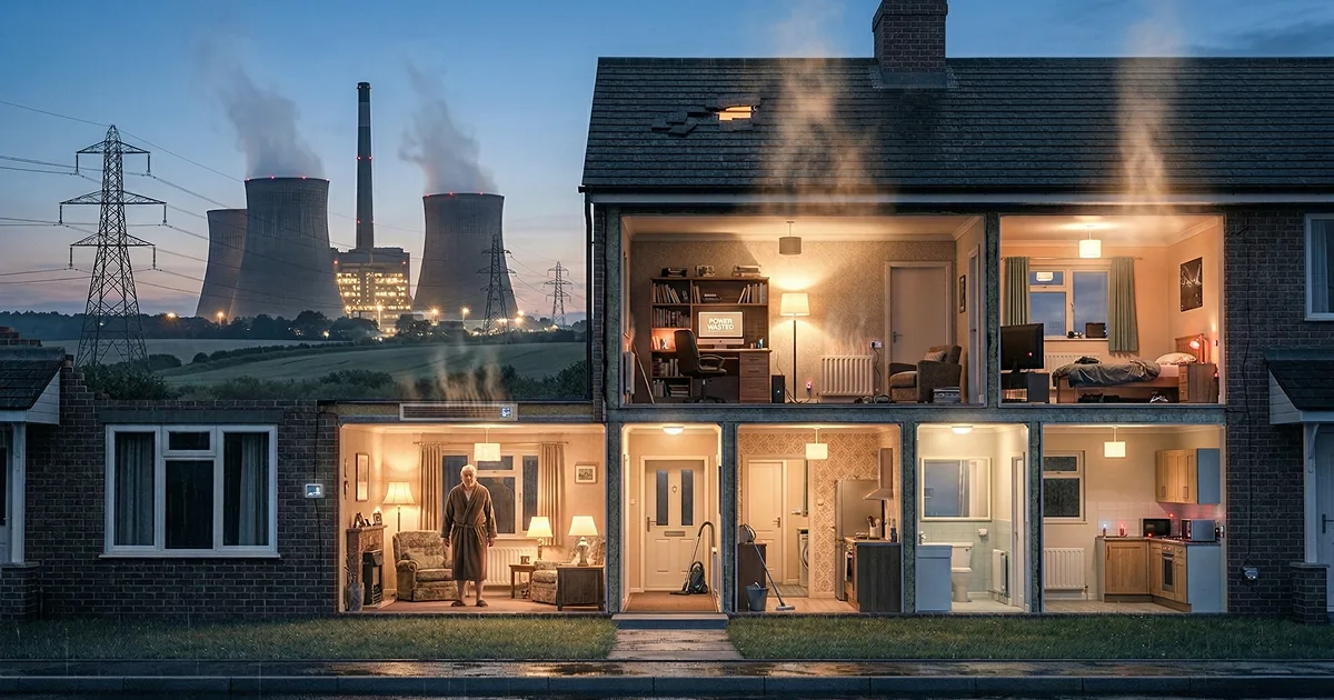 Cross-section illustration of a two-story home at night with lights and appliances on and heat rising from rooms, with a power plant and transmission lines in the background
