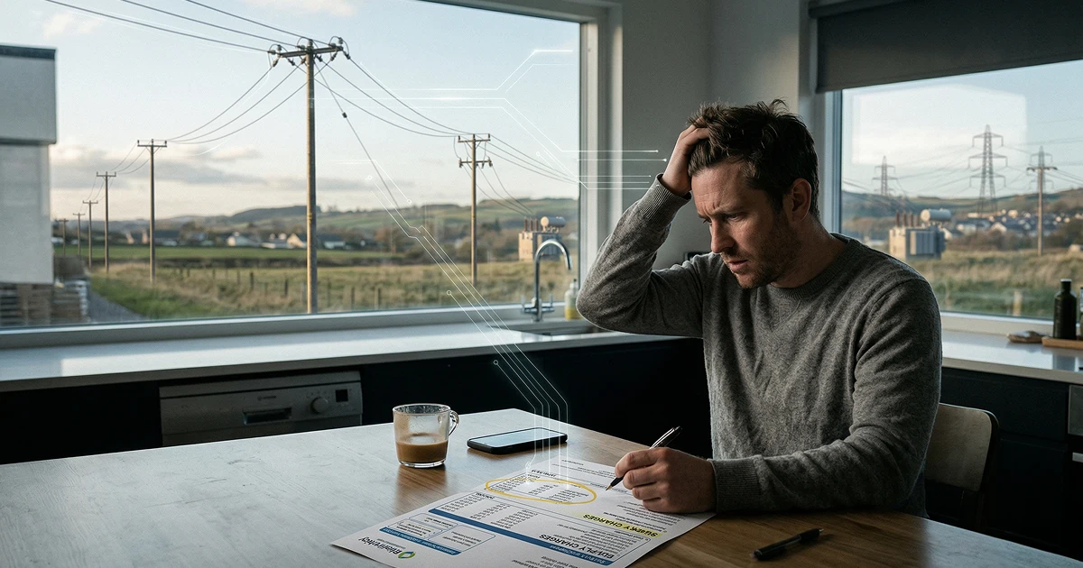 Worried man at a kitchen table reviewing a printed electricity bill with supply charges circled; power lines and a substation are visible through the window, with stylized lines linking the outdoor grid to the bill
