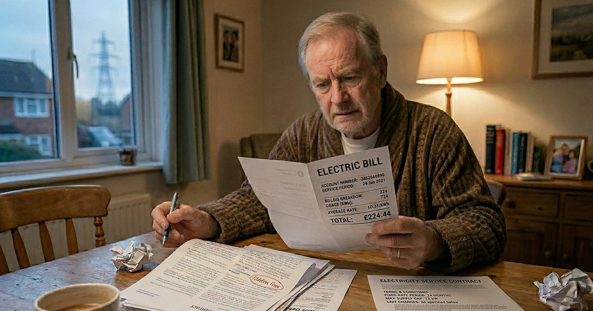 Man looking at a printed electricity bill with a pen, trying to figure out how much he owes
