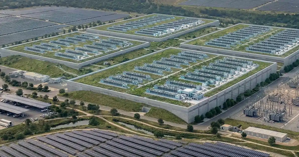 Aerial view of a large data center campus with solar panels