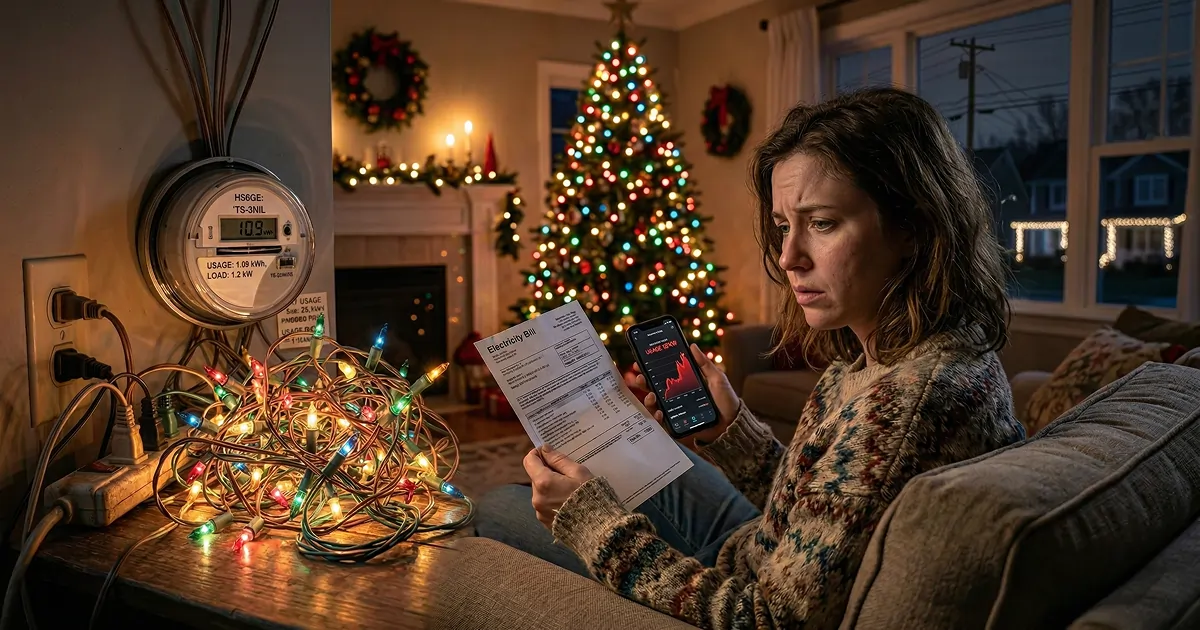 Woman checking electricity bill with Christmas lights and decorations