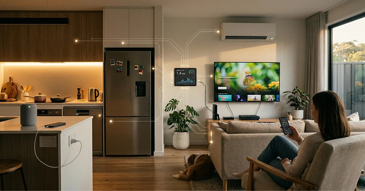 Bright open-plan living room and kitchen with a woman checking a smartphone; a wall-mounted energy monitor shows current household usage in kilowatts with stylized lines connecting to the TV, refrigerator, air conditioner, and other devices