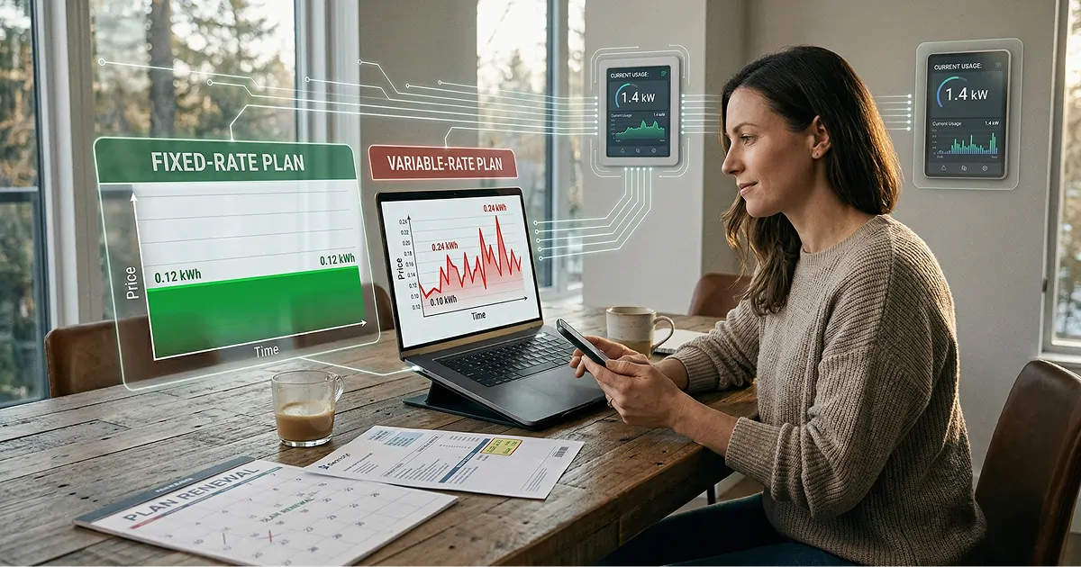Woman at a home table with a laptop and phone comparing electricity plans; overlaid charts show a steady fixed-rate price line versus a fluctuating variable-rate line, with smart-home usage displays on the wall