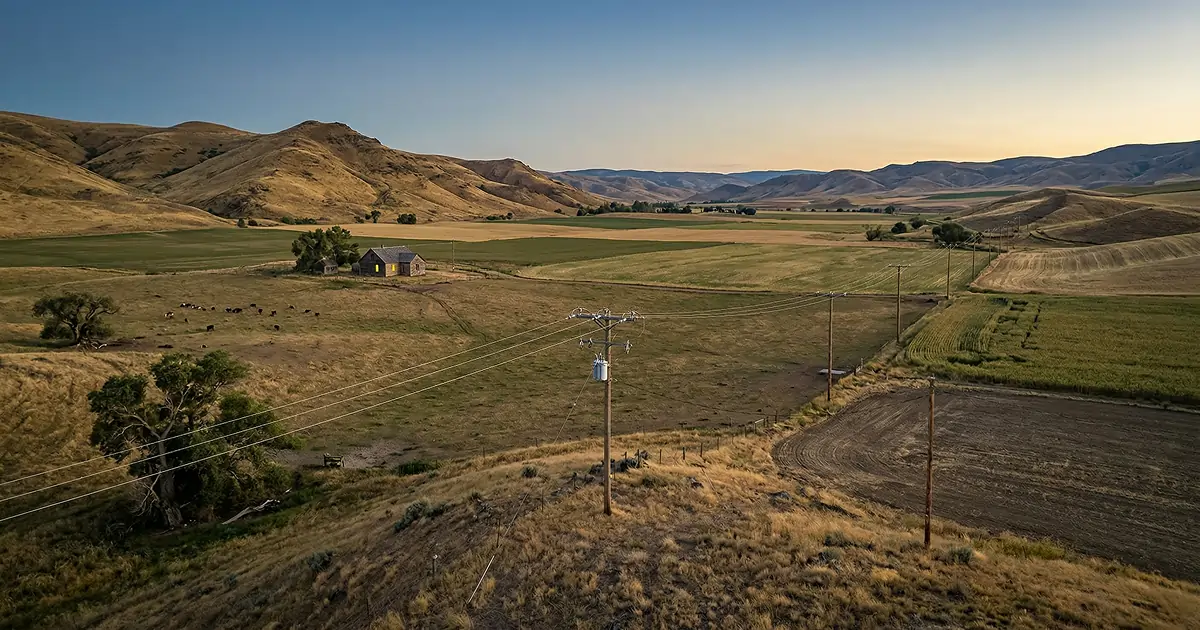 Aerial view of a rural area with a power line running through the center of the image, with houses and farms in the foreground