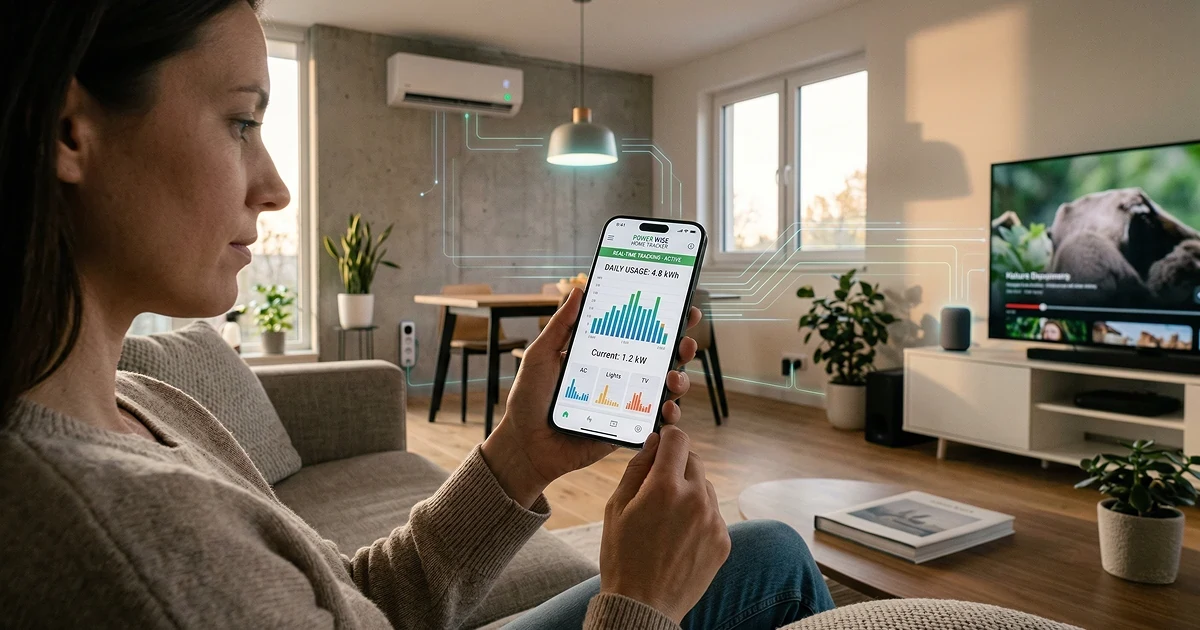 A smartphone showing a screen with a graph of energy usage over time, with different colored lines representing different appliances