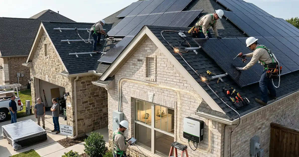 Aerial view of a residential solar installation with a crew of workers installing solar panels on a roof, with a power line running through the center of the image, with houses in the foreground