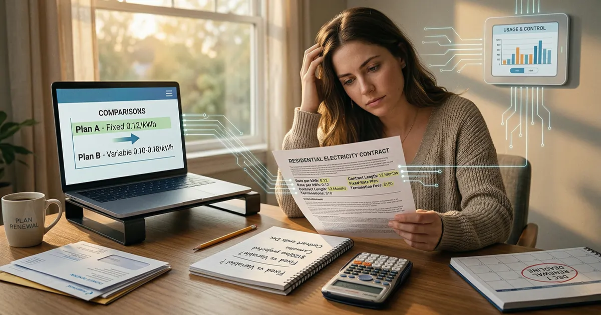Woman at a home desk reading a printed residential electricity contract with key terms highlighted, laptop showing a fixed versus variable plan comparison, handwritten notes, and a calendar marked with a renewal deadline; stylized lines connect the papers to a wall energy-usage display