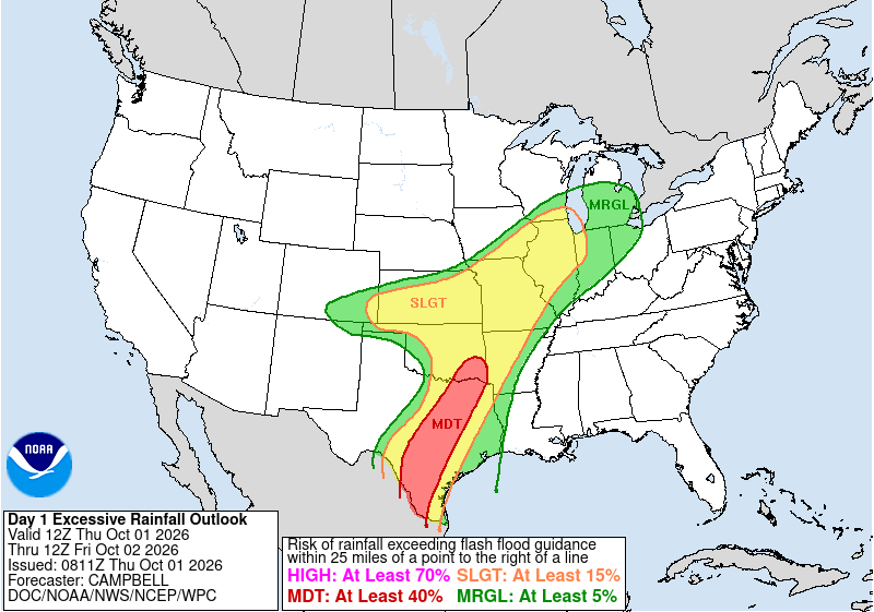Excessive Rainfall Outlook showing Moderate risk over Central Texas on Thursday October 1