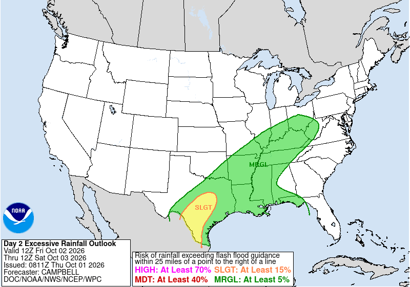 Excessive Rainfall Outlook showing Slight risk over the I-35 corridor Friday October 2