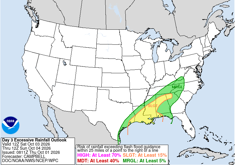 Excessive Rainfall Outlook showing Marginal risk Saturday October 3 as system exits Texas