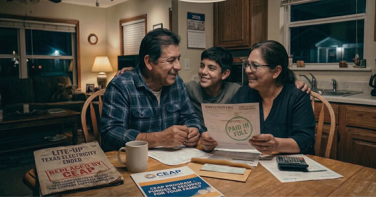 Grandparents and a teenage grandson smiling at a home dining table; the grandmother holds a Texas electricity bill marked paid in full, with paperwork about LITE-UP Texas ending and the CEAP assistance program nearby