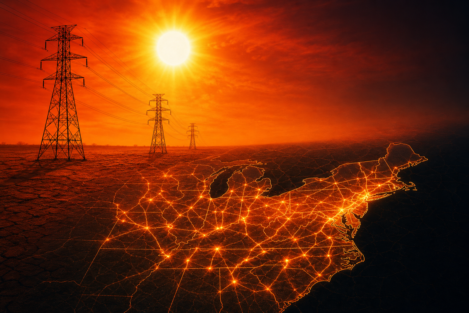 High-voltage transmission towers and power lines silhouetted against a blazing orange-red sky, with a glowing map overlay of the eastern U.S. PJM grid region