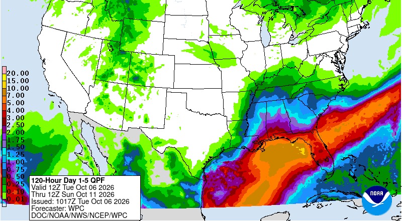 NOAA Weather Prediction Center 5-day precipitation forecast showing heavy rainfall threat across the northern Gulf Coast and Florida, October 6 to 11, 2026