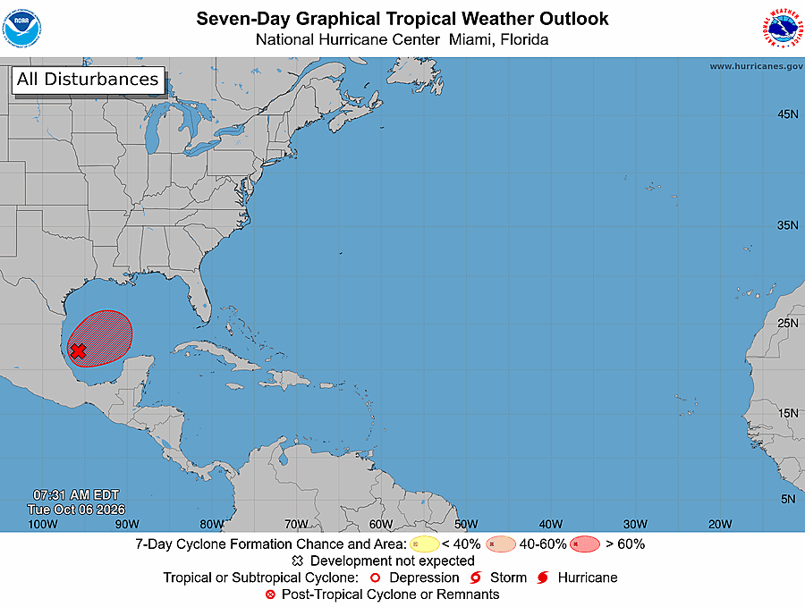 National Hurricane Center Seven-Day Tropical Weather Outlook showing Invest 92L in the Gulf of Mexico, October 6 2026