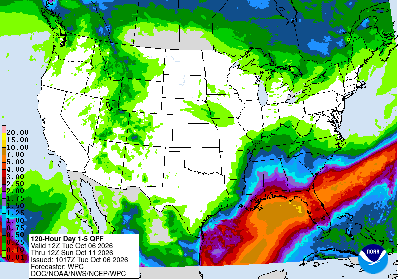 NOAA WPC 5-day precipitation forecast showing rainfall footprint for the US Gulf Coast through Sunday October 11 2026