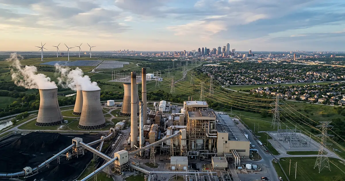 Aerial view of a power plant with a large turbine and smokestack, with a power line running through the center of the image, with houses in the foreground