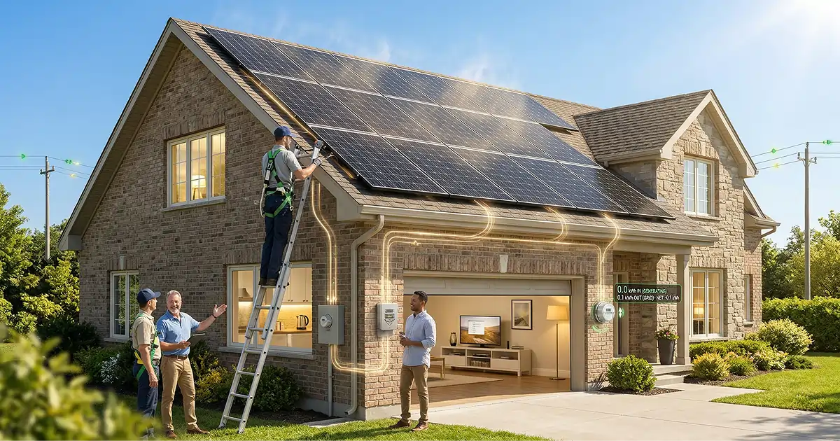 Two-story suburban home with a rooftop solar array: installers work on a ladder while another talks with a homeowner; glowing lines show power from the panels to a wall inverter and into the home, with a kilowatt-hour net metering display and power lines in the background