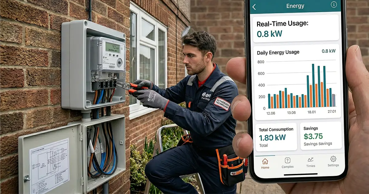 A smart meter on a pole outside a home, with a power line running through the center of the image, with houses in the foreground