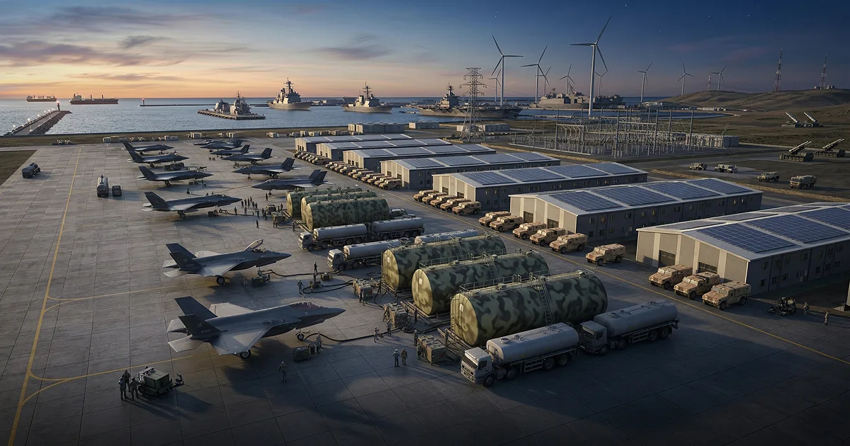 Illustration of a coastal U.S. military base at dusk: jets and fuel infrastructure on the flight line, hangars with rooftop solar and parked military vehicles, wind turbines and a substation inland, and naval ships offshore under a sunset-to-night sky