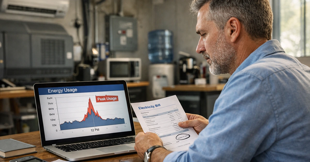 Man at a desk reading an electricity bill next to a laptop screen showing an energy usage chart with a sharp midday spike labeled peak usage