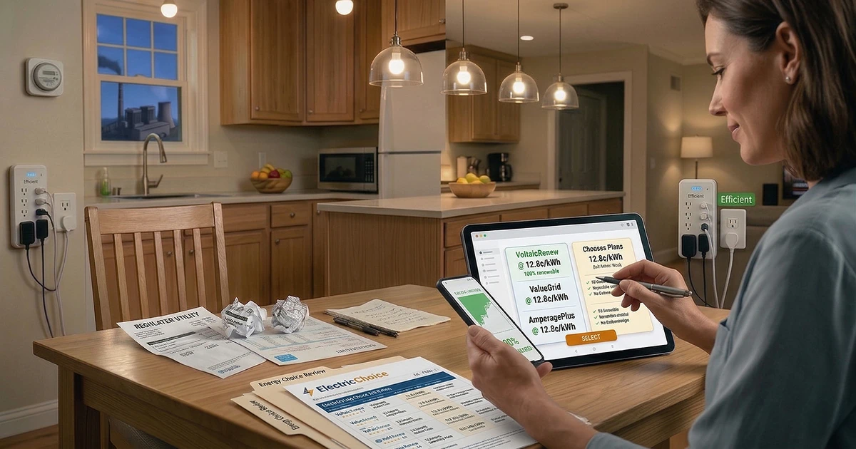 Woman at a kitchen table comparing retail electricity plans on a tablet and smartphone, with papers about regulated utilities and competitive providers; a power plant is visible through the window behind smart energy controls