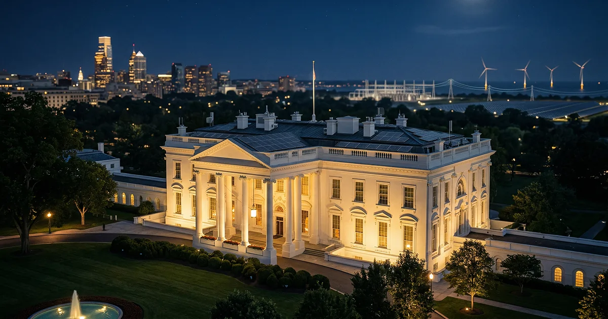 Nighttime view of the White House with rooftop solar panels, lit grounds and fountain; wind turbines, a solar farm, and grid infrastructure appear in the distance under a dark blue sky