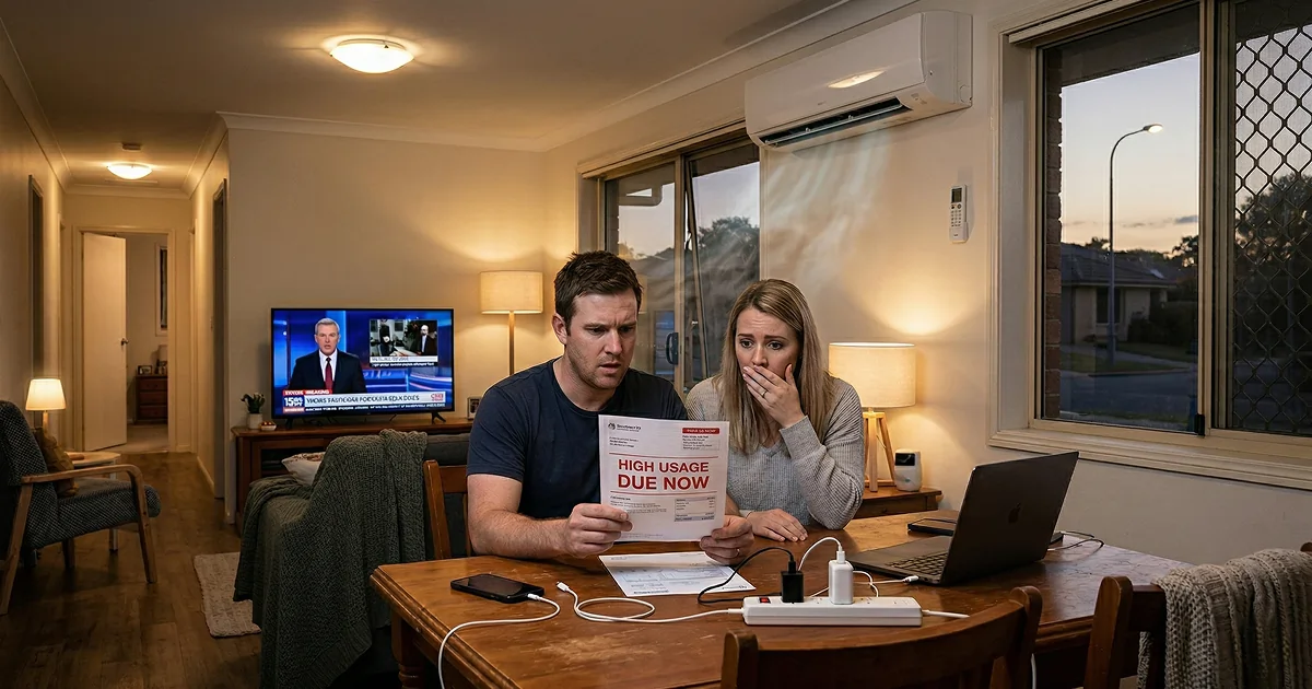Concerned couple at a dining table reviewing an electricity bill labeled high usage due now, with a TV, wall air conditioner, multiple lights, laptop, and phone chargers all running in the home