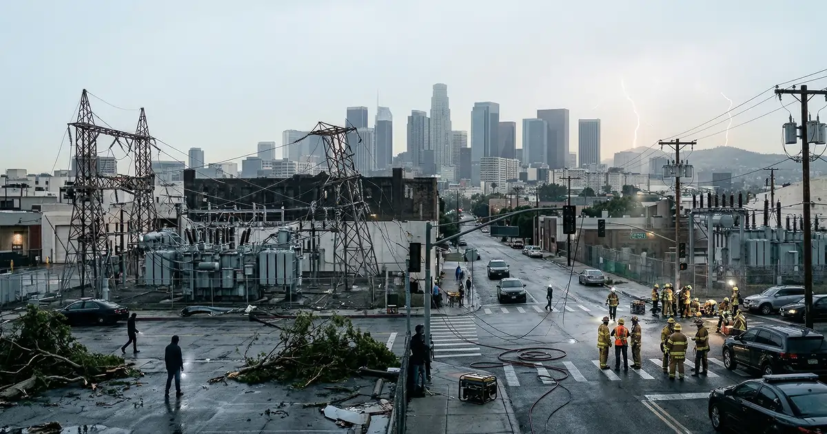 Major power outage in a U.S. city with downed power lines and emergency crews