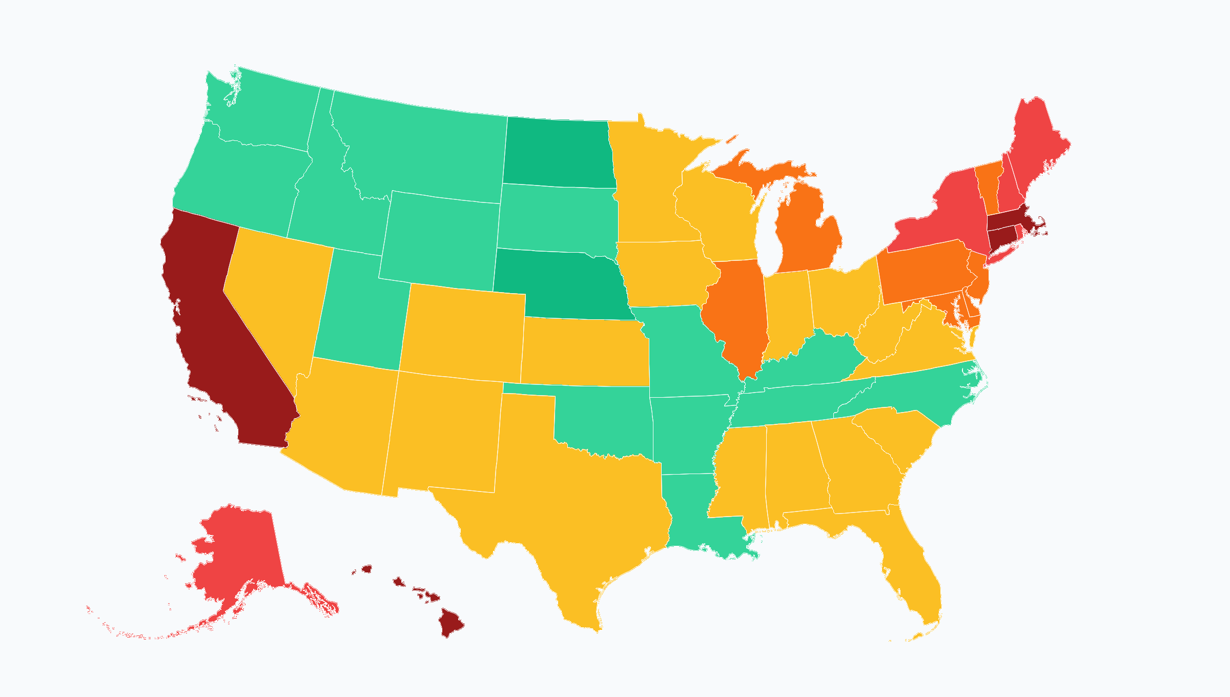 Map of average residential electricity rates by state — green for low rates, yellow for average, orange and red for high rates
