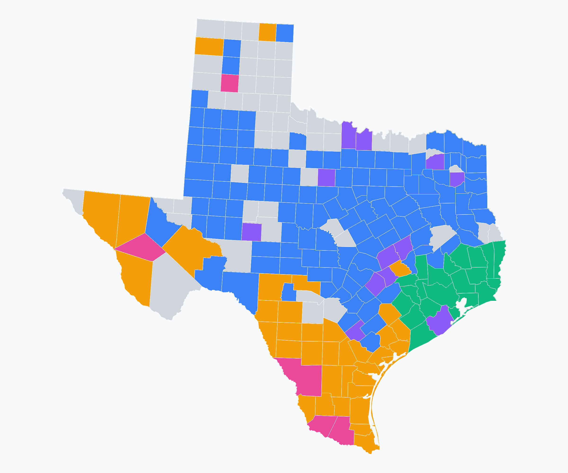 Texas TDU Territory Map showing Oncor, CenterPoint, AEP Texas, TNMP, and Sharyland utility service areas by county