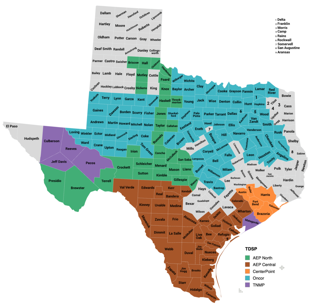 Map of deregulated areas and TDSPs in Texas